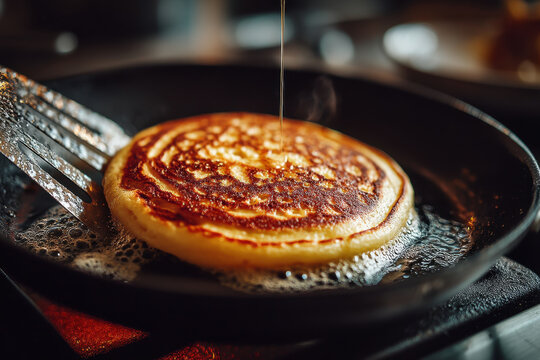 Pancakes sizzling on skillet.