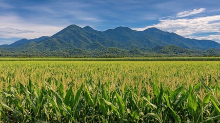 Fototapeta premium Lush cornfield stretches to a distant mountain range.