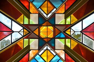 Colorful geometric stained glass window displaying symmetrical abstract architectural design