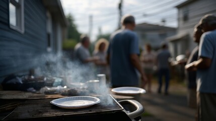 A backyard barbecue with smoke rising from a grill as friends gather for a sunny cookout, plates ready for delicious food.