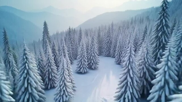 Cinematic FPV drone flight overt beautiful snow-covered winter mountain forest.