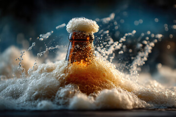 Beer bottle splashing in water.
