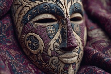 Ornate tribal mask resting on fabric