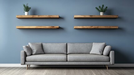 Modern Living Room Interior with Wooden Shelves