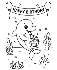 Coloring book dolphin holds a basket of gifts under a 