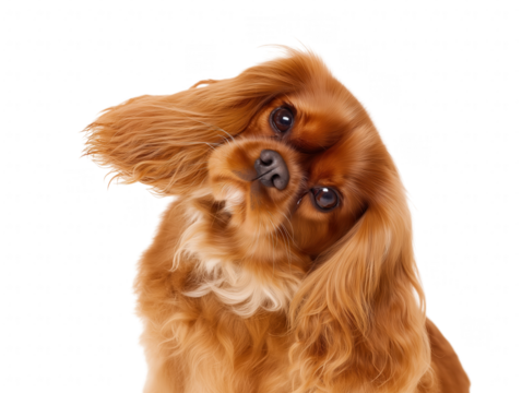 Close-up portrait of a Cavalier King Charles Spaniel with reddish-brown fur, transparent background