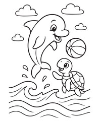 Coloring book dolphin leaps over waves towards a smiling turtle and a ball under the clouds