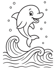 Coloring book dolphin leaps joyfully over ocean waves with bubbles around it.