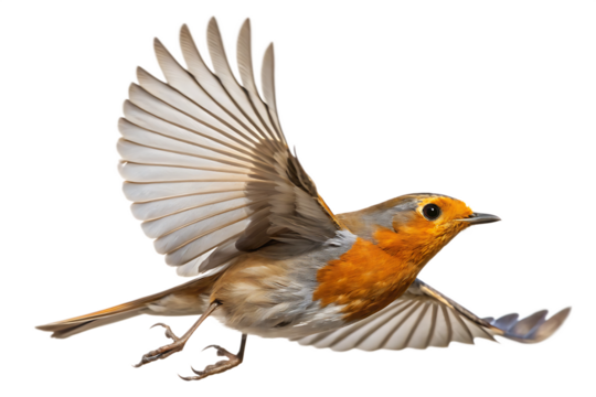 European robin in flight with open wings isolated on a solid black background