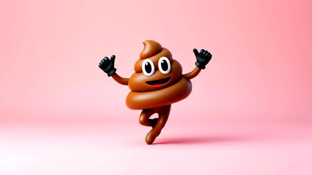 Medium shot of cheerful poop emoji with black gloves on pink background under soft studio light