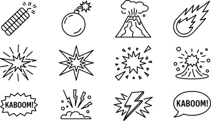 Black and white illustrated explosions and disaster elements for graphic design projects © vector Art
