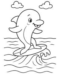 Coloring book dolphin surfs on a wave with clouds in the background.
