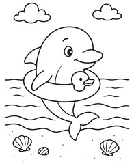 Coloring book dolphin floats in the sea with a rubber ducky in a swim ring under the clouds