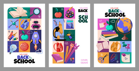 A set of templates with a geometric pattern, welcome back to school. Ideal for poster, flyers, education covers.