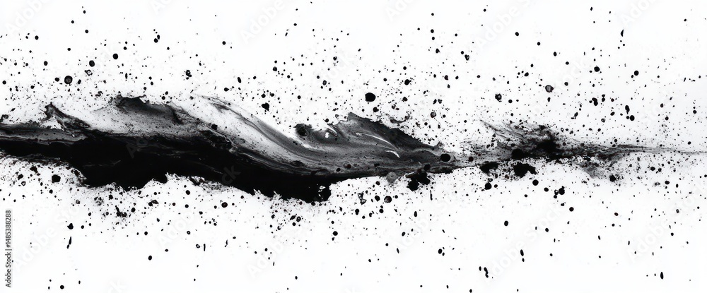Poster abstract black ink splash and splatter spreading horizontally on a white background creating dynamic