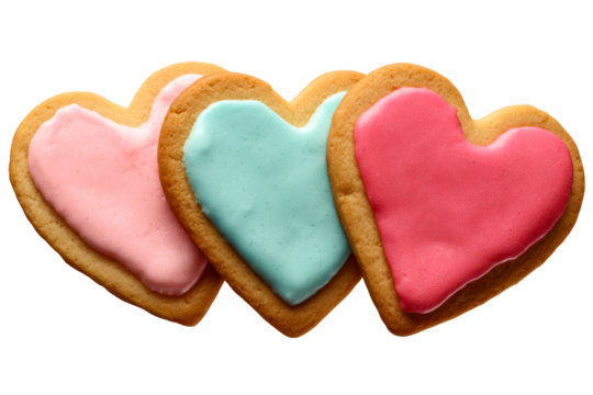 Heart shaped cookies with colorful icing on a transparent background
