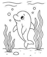 Naklejka premium Coloring book dolphin swims among seaweed and bubbles in the ocean