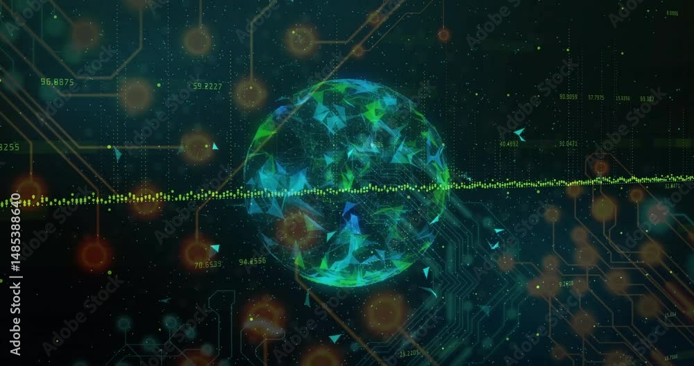Poster digital globe floating in dark network space, showing facets, drifting data points and glowing orbs