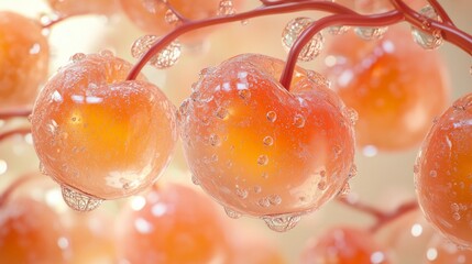 A close up of several red and orange cherries, with a clear, shiny surface