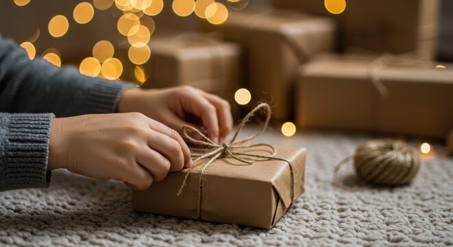 Rustic Christmas gift wrapping with brown kraft paper and twine, hands tying a bow on holiday present, cozy winter atmosphere with bokeh lights
