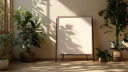 Sunlit room with plants and blank canvas