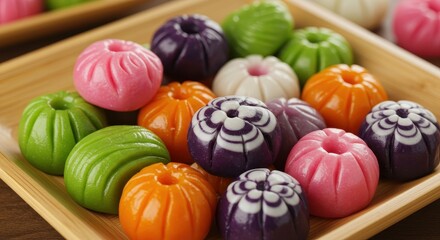 Colorful assortment of kue ku or ang ku kueh, traditional Indonesian bite-sized snack cake