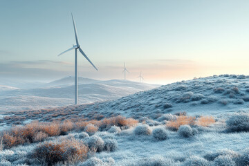 Snow-covered wind turbines.