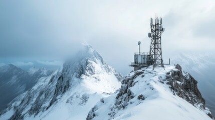 Snowy mountaintop with communications tower