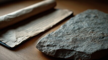 The juxtaposition of a rustic parchment and a stone tablet creates a timeless dialogue between text and artifact.