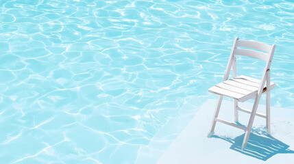 Serene swimming pool scene featuring white folding chair beside clear blue water, inviting relaxation and tranquility