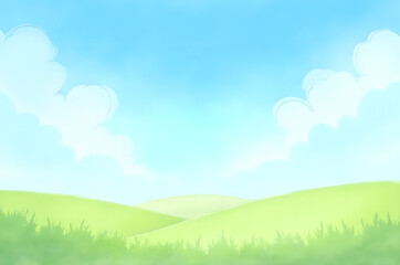 Fototapeta premium Green landscape field and blue sky illustration.generative ai