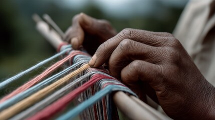 Hands passionately weave threads of vibrant colors on a loom, capturing the essence of traditional craftsmanship.