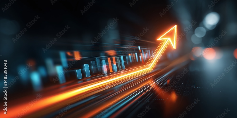 Poster a vibrant neon arrow ascends, symbolizing growth and progress against a backdrop of dynamic data vis