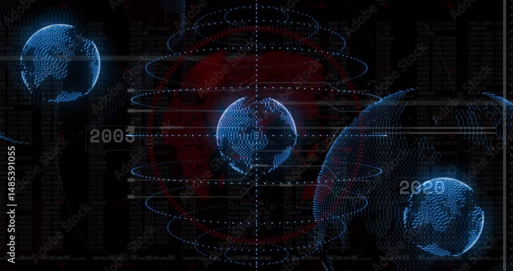 Poster central holographic 3d globe rotating with concentric rings on dark interface showing code streams