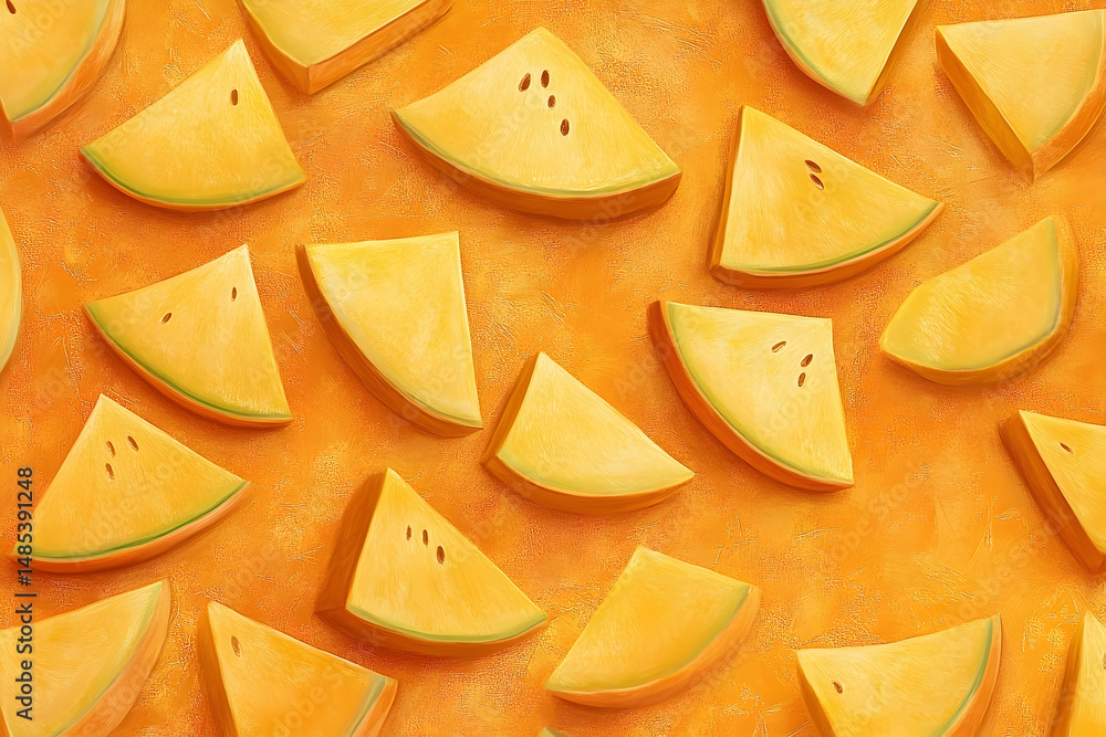 Poster a repeating pattern of watermelon slices on an orange background.