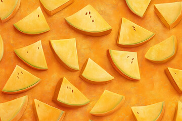A repeating pattern of  watermelon slices on an orange background.