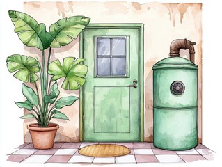 Watercolor Illustration of Green Door and Potted Plant with Water Tank