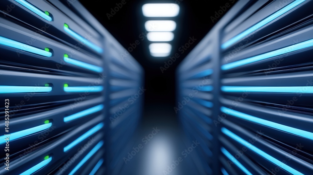 Poster innovative server technology illuminated by blue led lights showcasing a modern data center design e