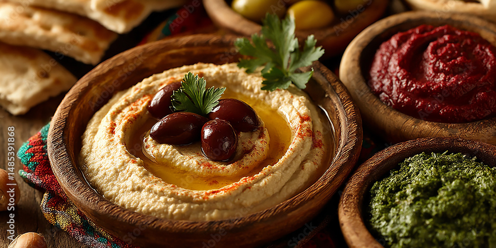 Poster top-down view of a beautifully arranged selection of fresh arabic salads with different textures and