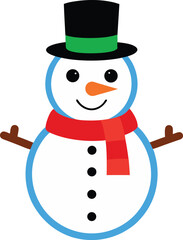 Cheerful Cartoon Snowman with Top Hat Scarf and Carrot Nose.
