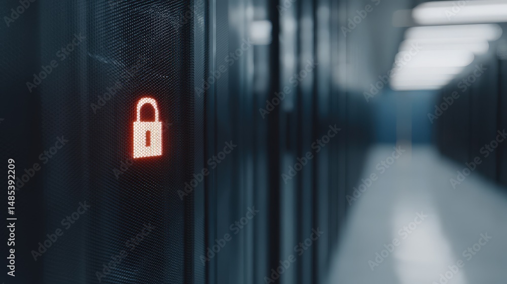 Poster illustrative prominence of a luminous padlock symbol on server panels highlighting cybersecurity mea