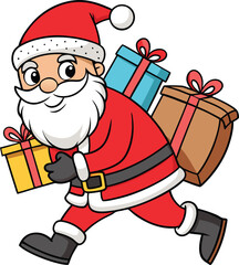 Christmas Santa Carrying Presents Cartoon Line Art Illustration.