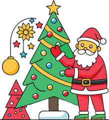 Christmas Tree Decoration by Santa Claus Outline Illustration.