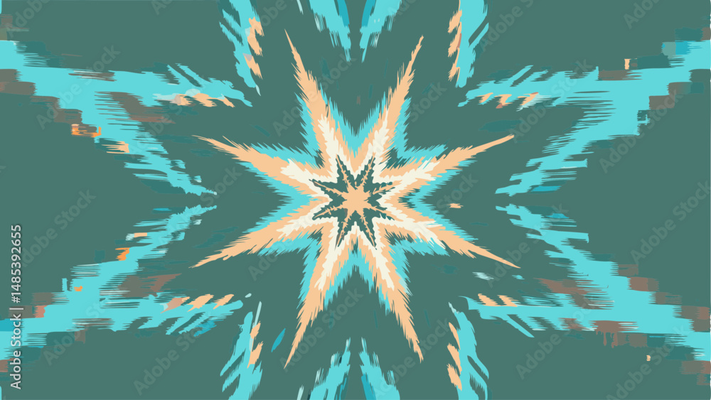 Poster abstract fractal pattern with starburst effect in teal and peach hues radiating from the center poin