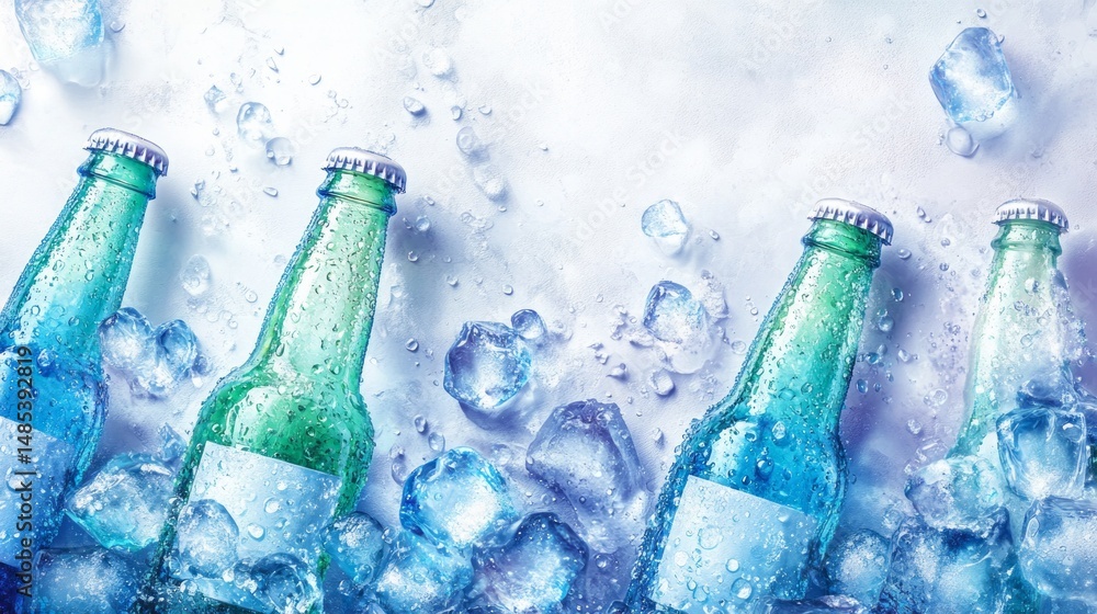Poster a row of four bottles of beer with ice cubes in them