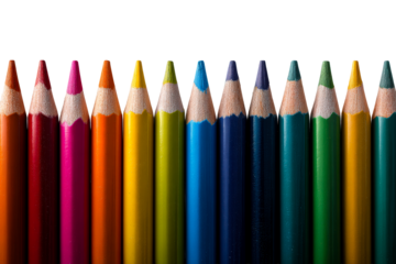 Colorful collection of sharpened colored pencils on display