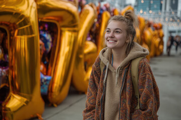 Obraz premium Young girl smiles with a large gold balloon.