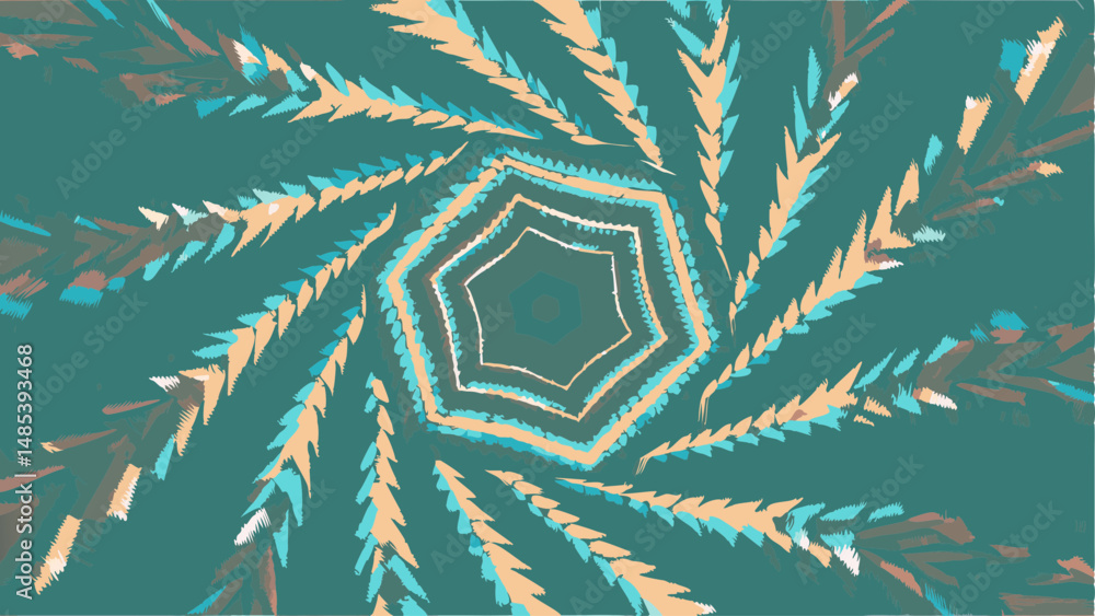 Poster abstract spiral design with teal background and geometric shapes creating a tunnel effect, radiating