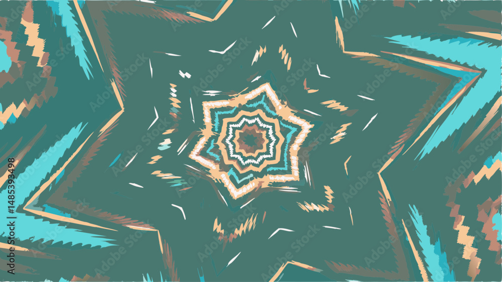 Poster abstract starburst design with teal and beige hues in a kaleidoscopic pattern creating a focal point