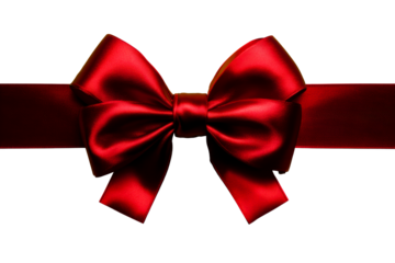 Elegant red satin bow with ribbon on transparent background